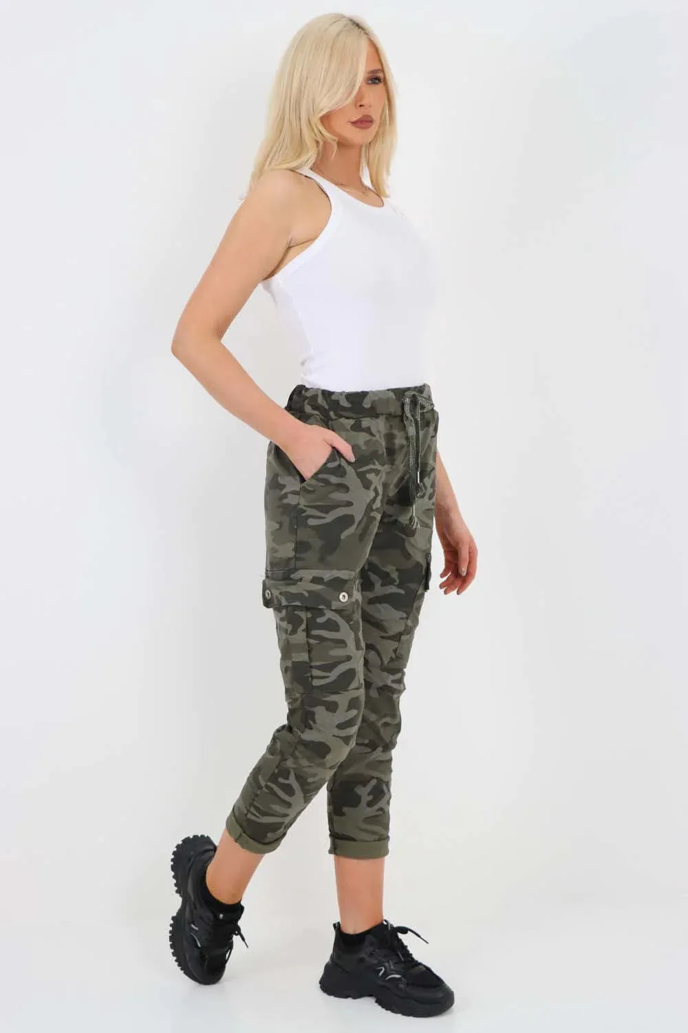 Italian Drawstring Camo Side Pockets Cargo Trousers