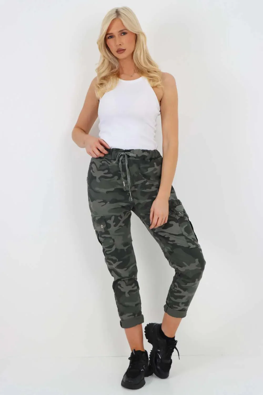 Italian Drawstring Camo Side Pockets Cargo Trousers