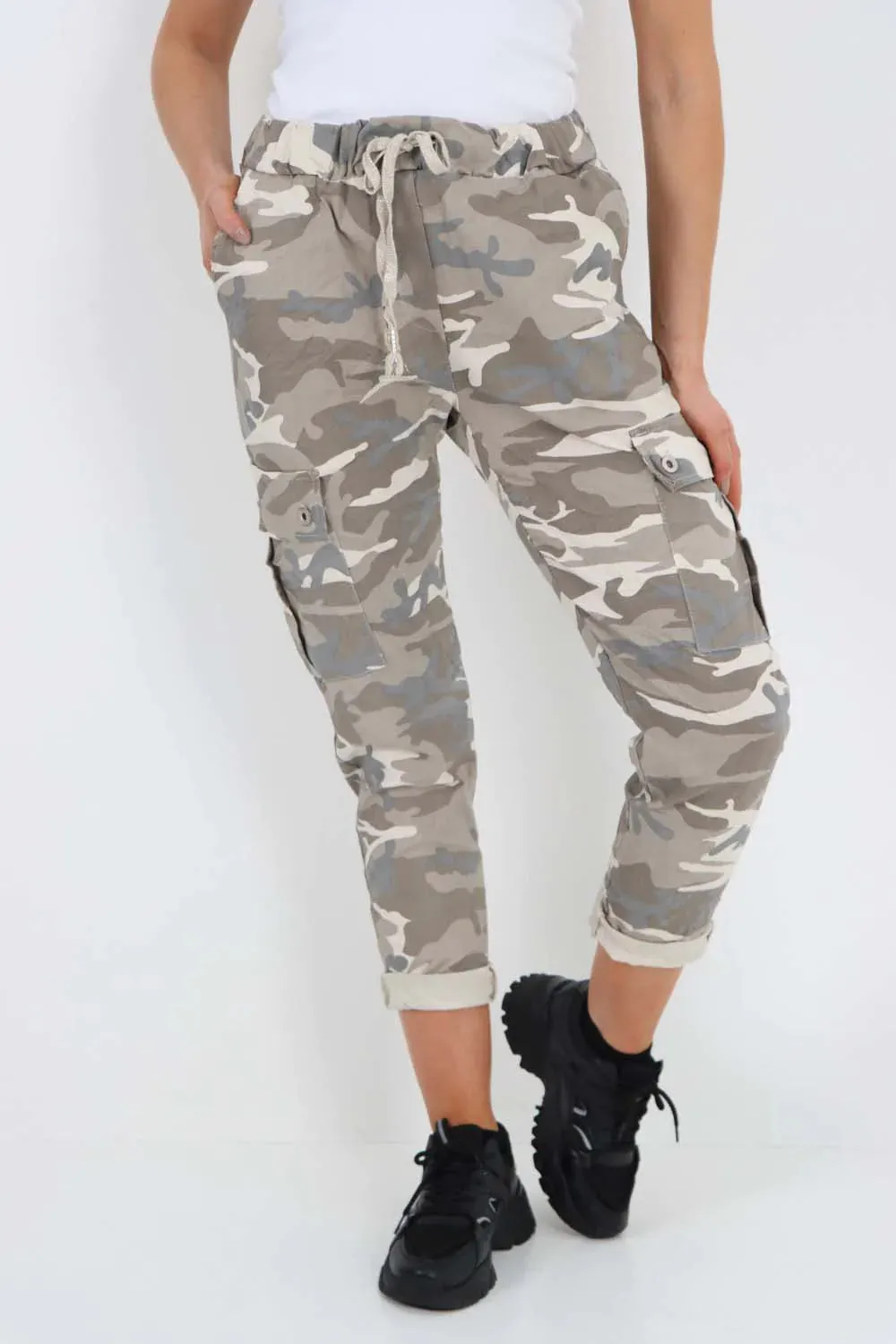 Italian Drawstring Camo Side Pockets Cargo Trousers