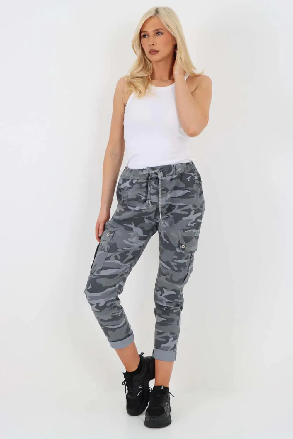 Italian Drawstring Camo Side Pockets Cargo Trousers