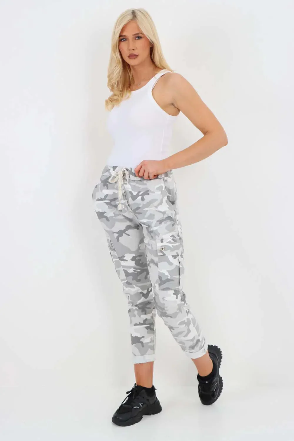 Italian Drawstring Camo Side Pockets Cargo Trousers