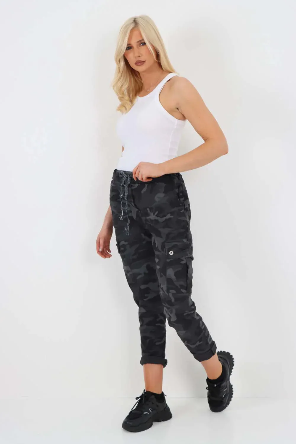 Italian Drawstring Camo Side Pockets Cargo Trousers