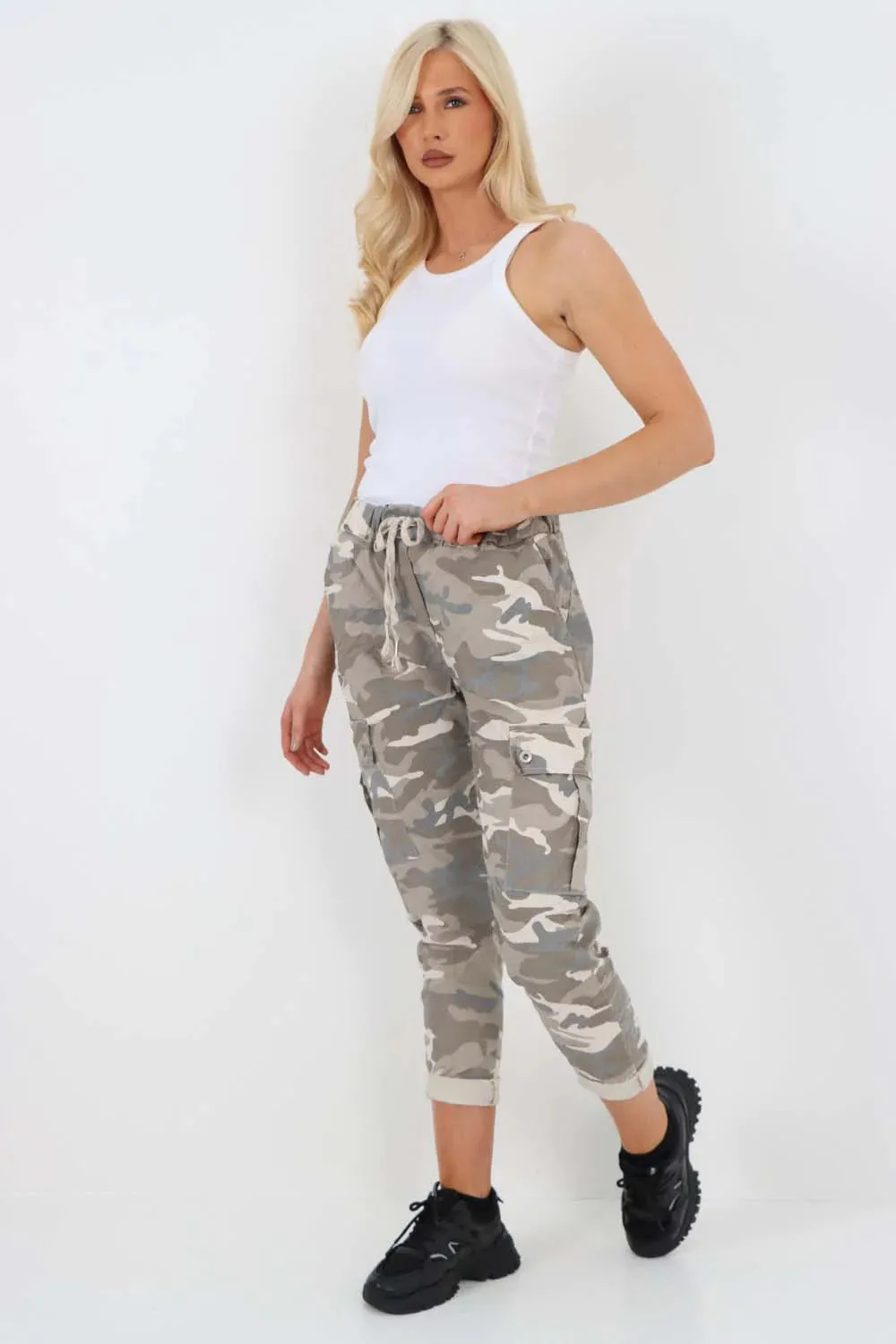 Italian Drawstring Camo Side Pockets Cargo Trousers