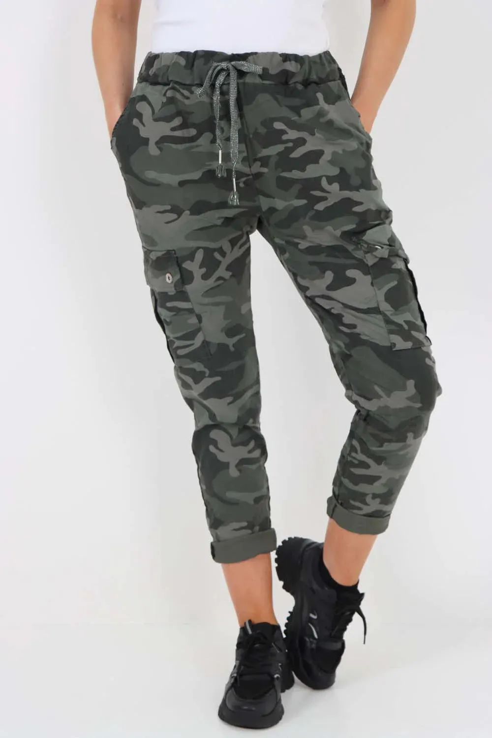 Italian Drawstring Camo Side Pockets Cargo Trousers
