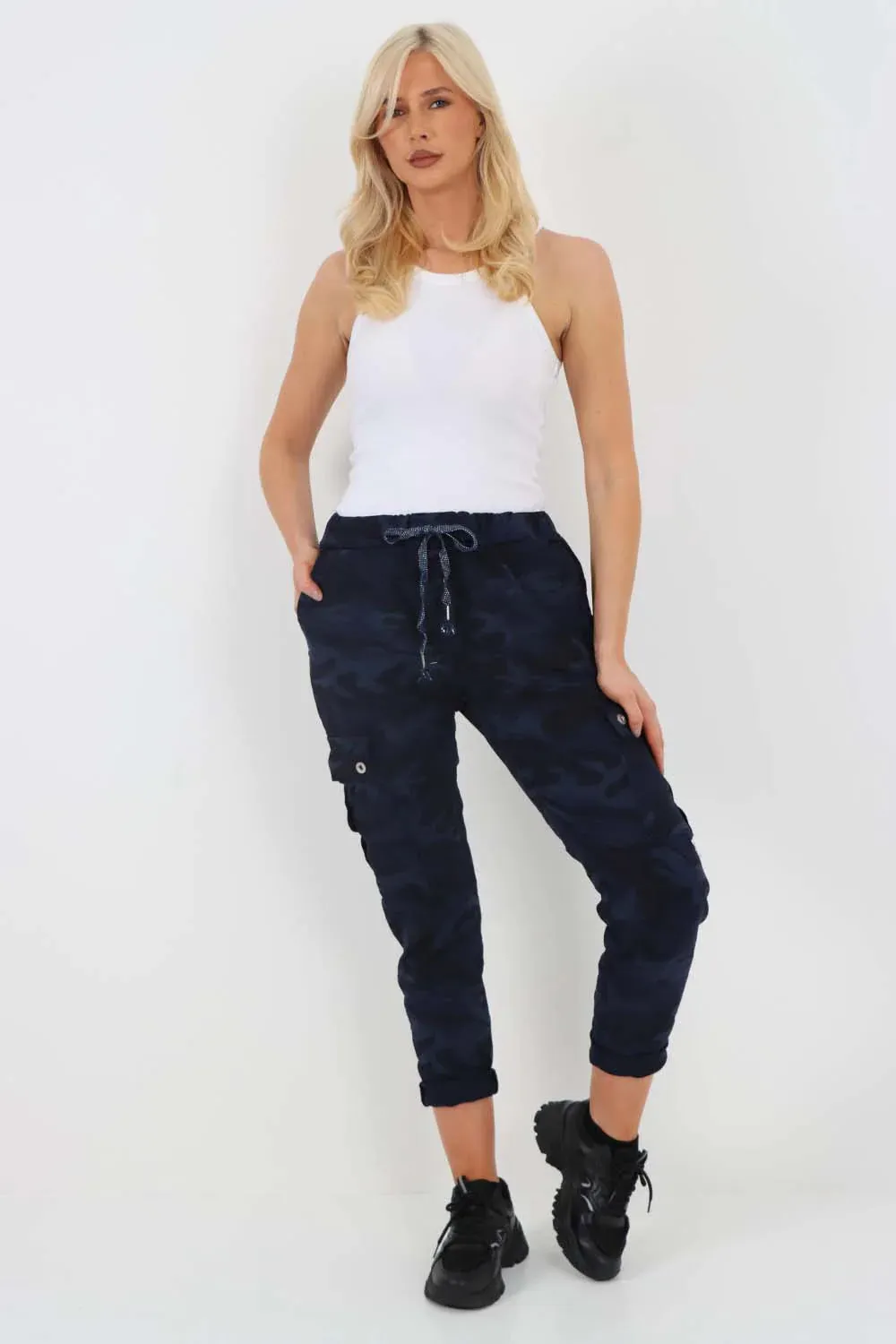Italian Drawstring Camo Side Pockets Cargo Trousers