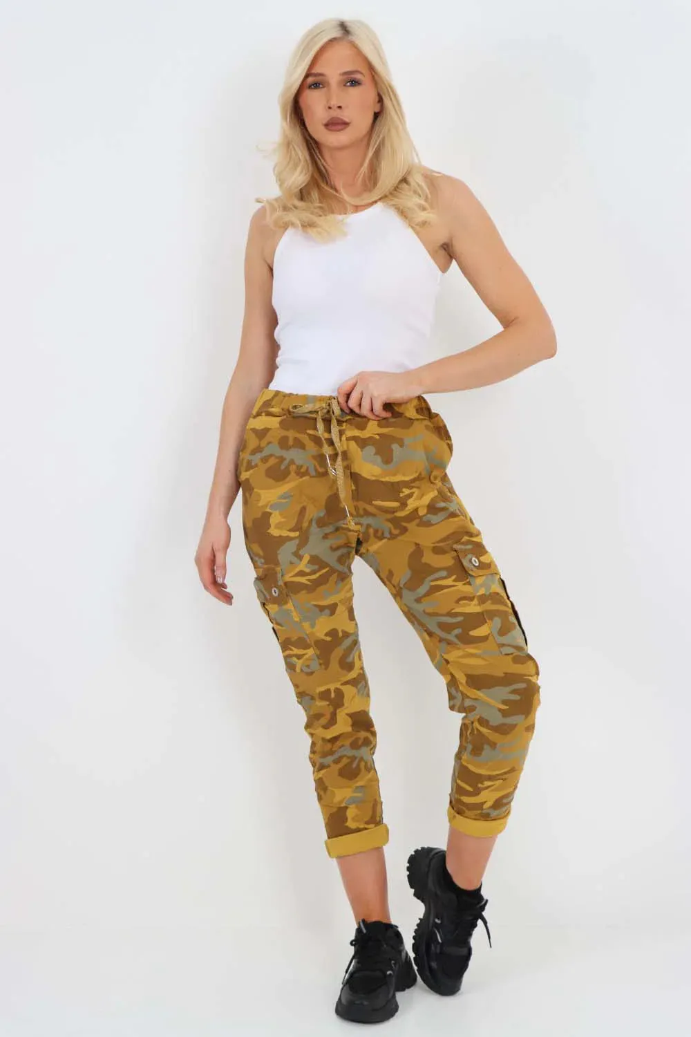 Italian Drawstring Camo Side Pockets Cargo Trousers
