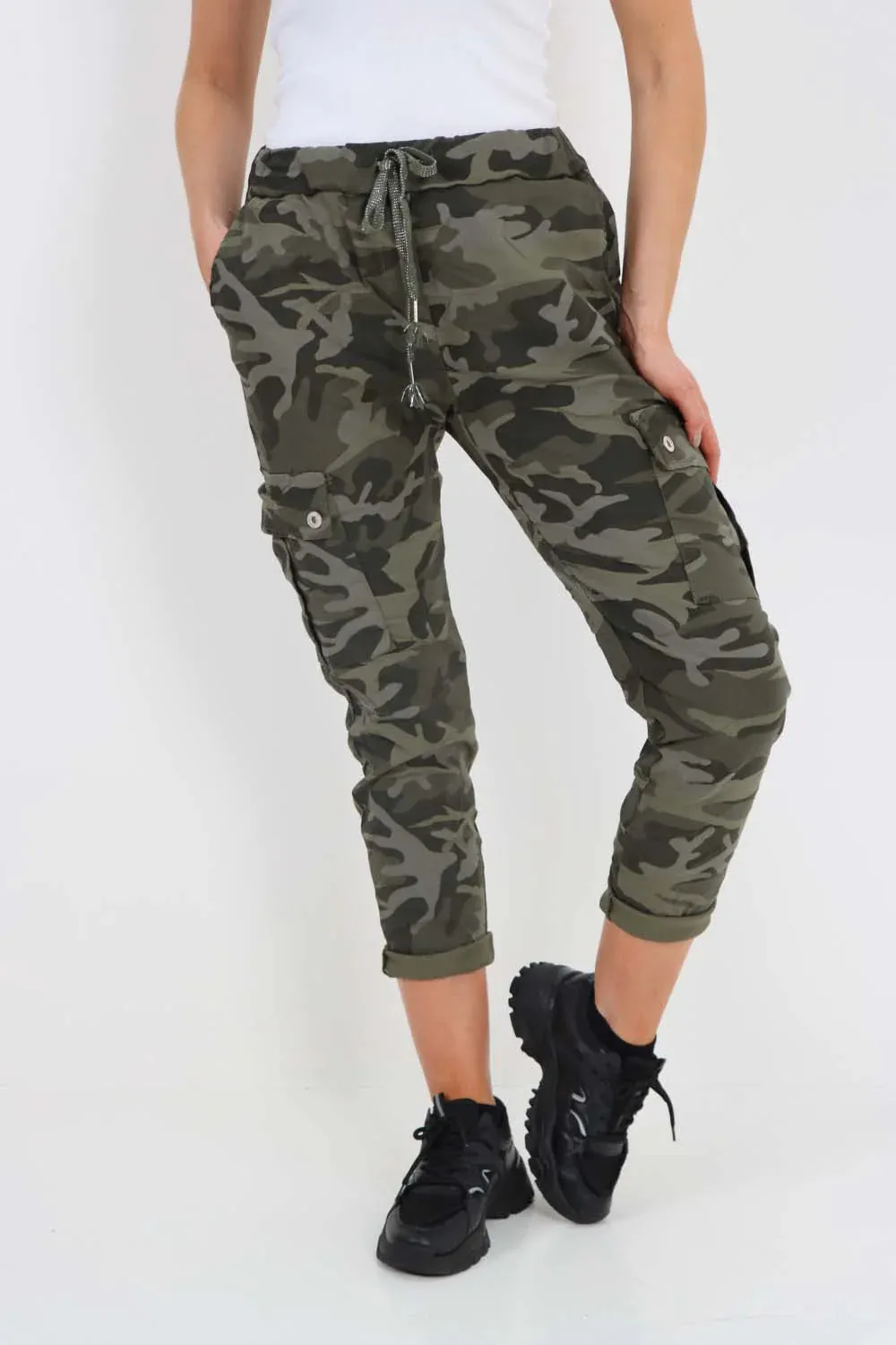 Italian Drawstring Camo Side Pockets Cargo Trousers