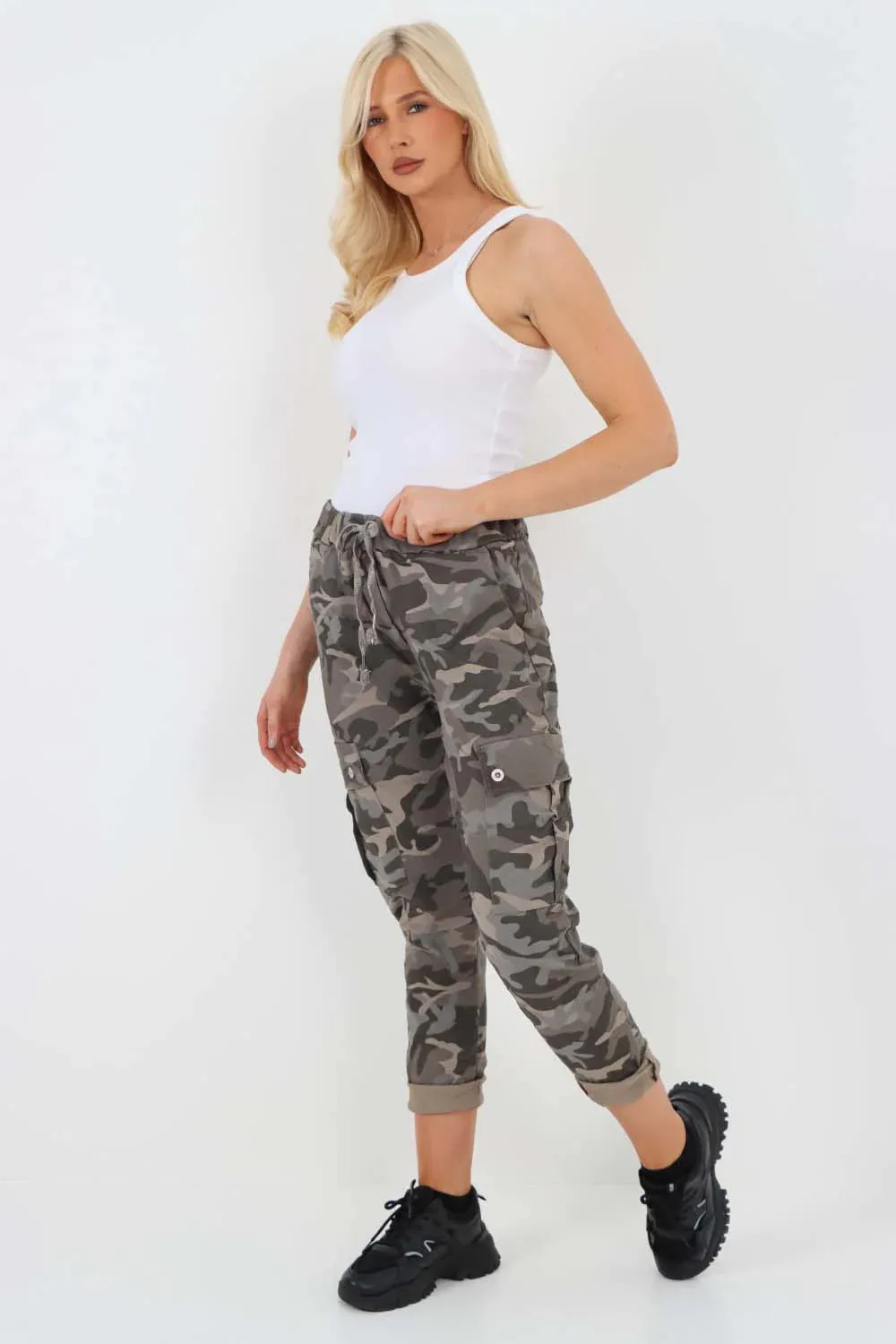 Italian Drawstring Camo Side Pockets Cargo Trousers