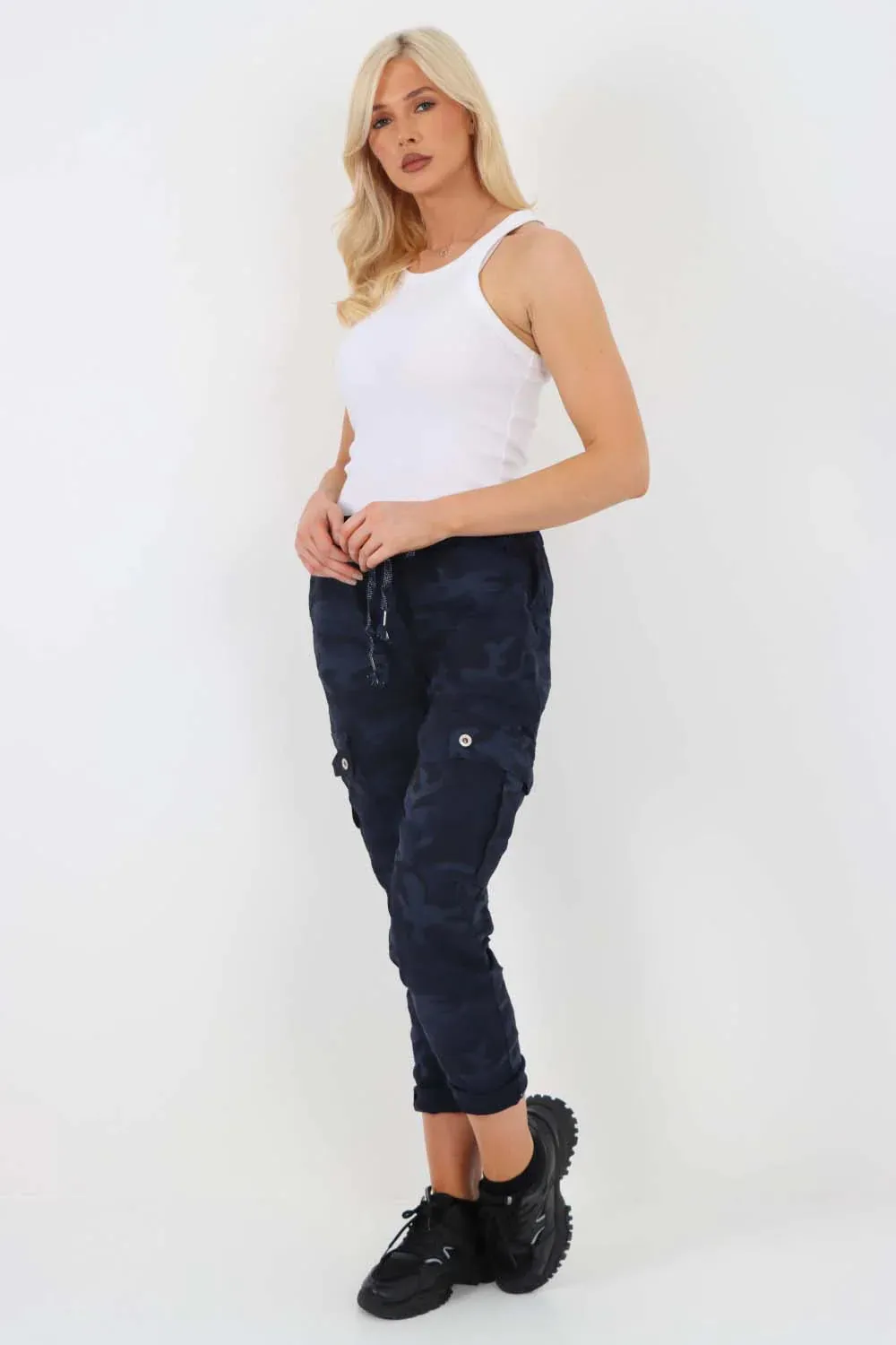 Italian Drawstring Camo Side Pockets Cargo Trousers