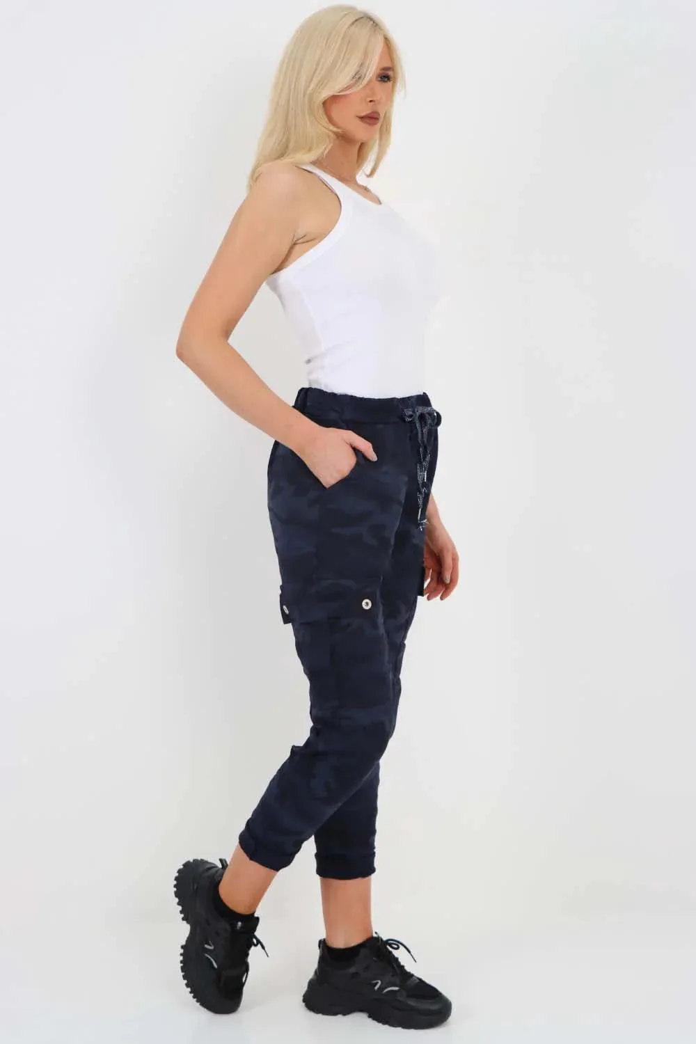 Italian Drawstring Camo Side Pockets Cargo Trousers