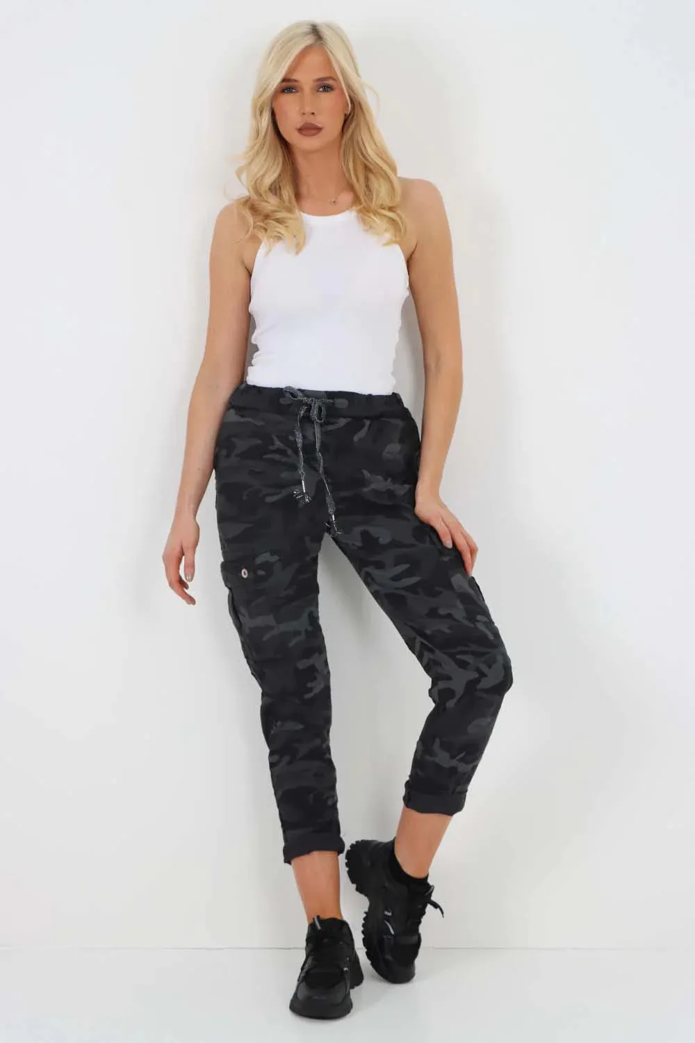 Italian Drawstring Camo Side Pockets Cargo Trousers