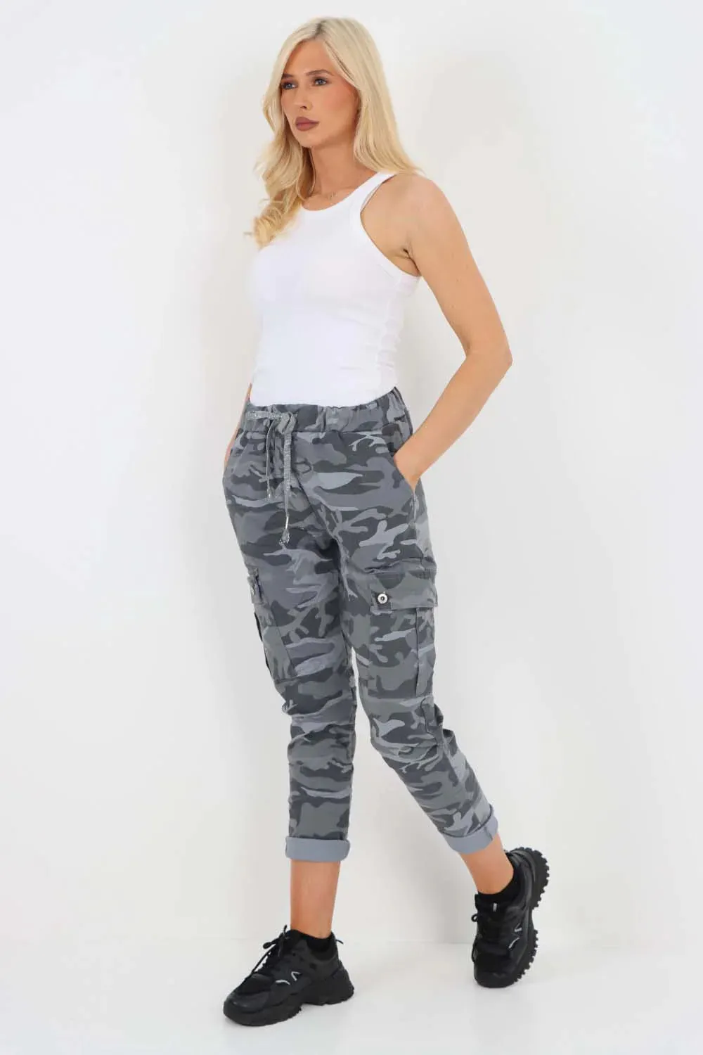Italian Drawstring Camo Side Pockets Cargo Trousers