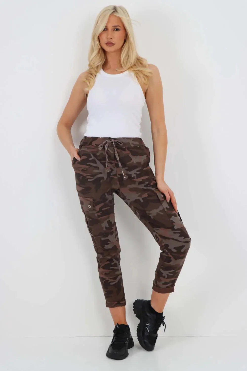 Italian Drawstring Camo Side Pockets Cargo Trousers