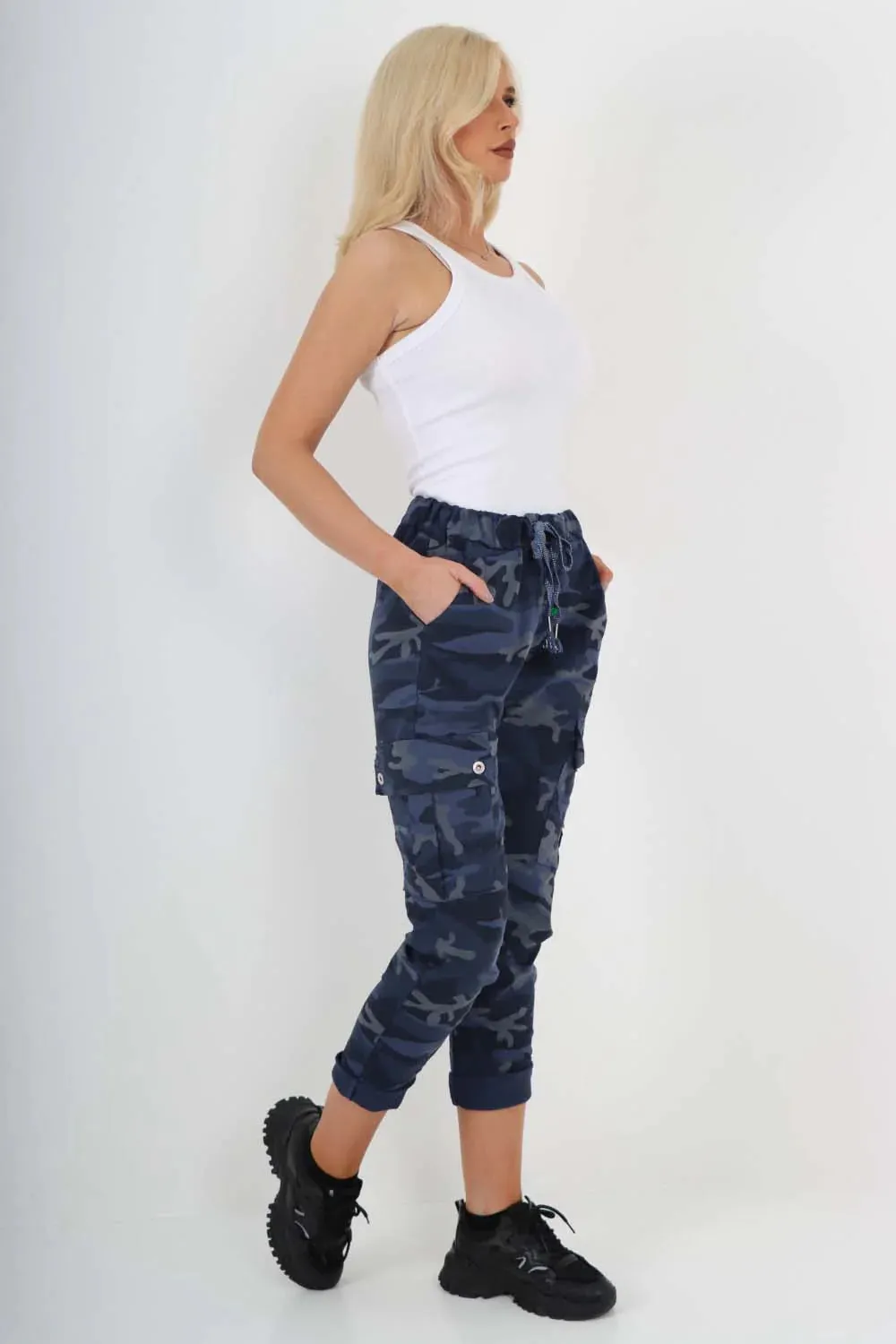 Italian Drawstring Camo Side Pockets Cargo Trousers
