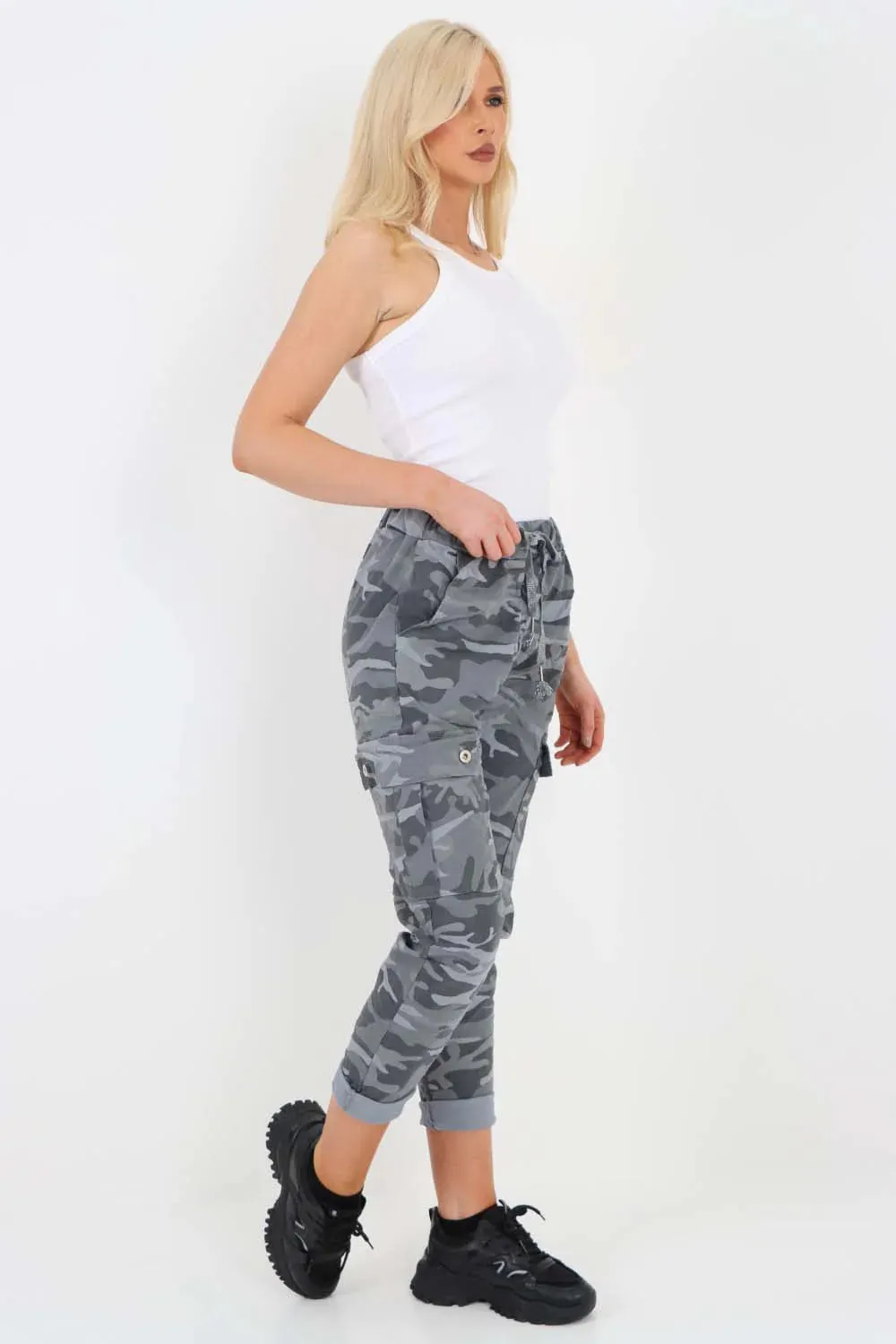 Italian Drawstring Camo Side Pockets Cargo Trousers
