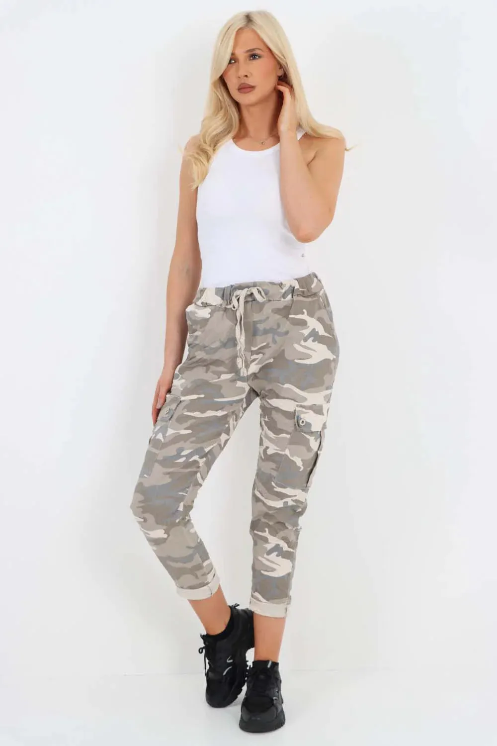Italian Drawstring Camo Side Pockets Cargo Trousers