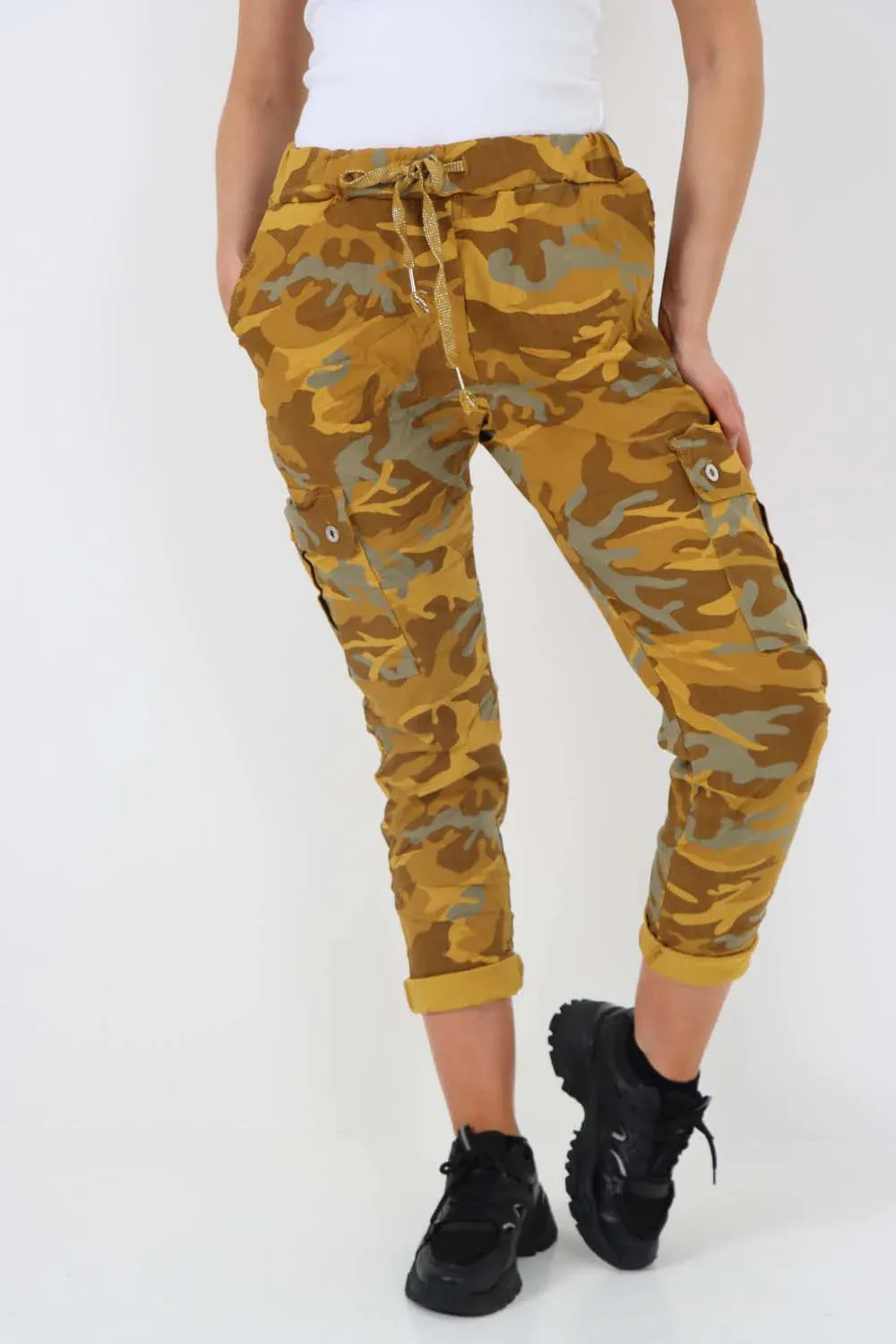 Italian Drawstring Camo Side Pockets Cargo Trousers
