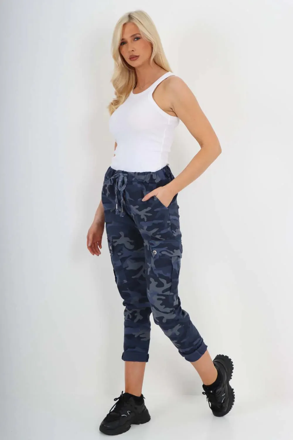Italian Drawstring Camo Side Pockets Cargo Trousers