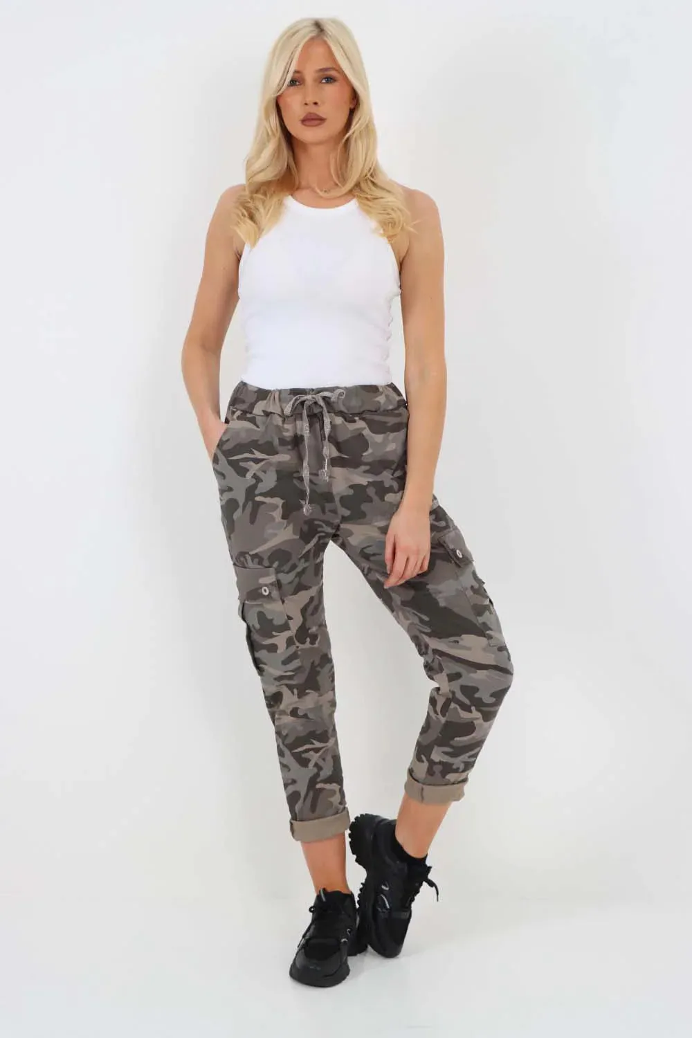 Italian Drawstring Camo Side Pockets Cargo Trousers