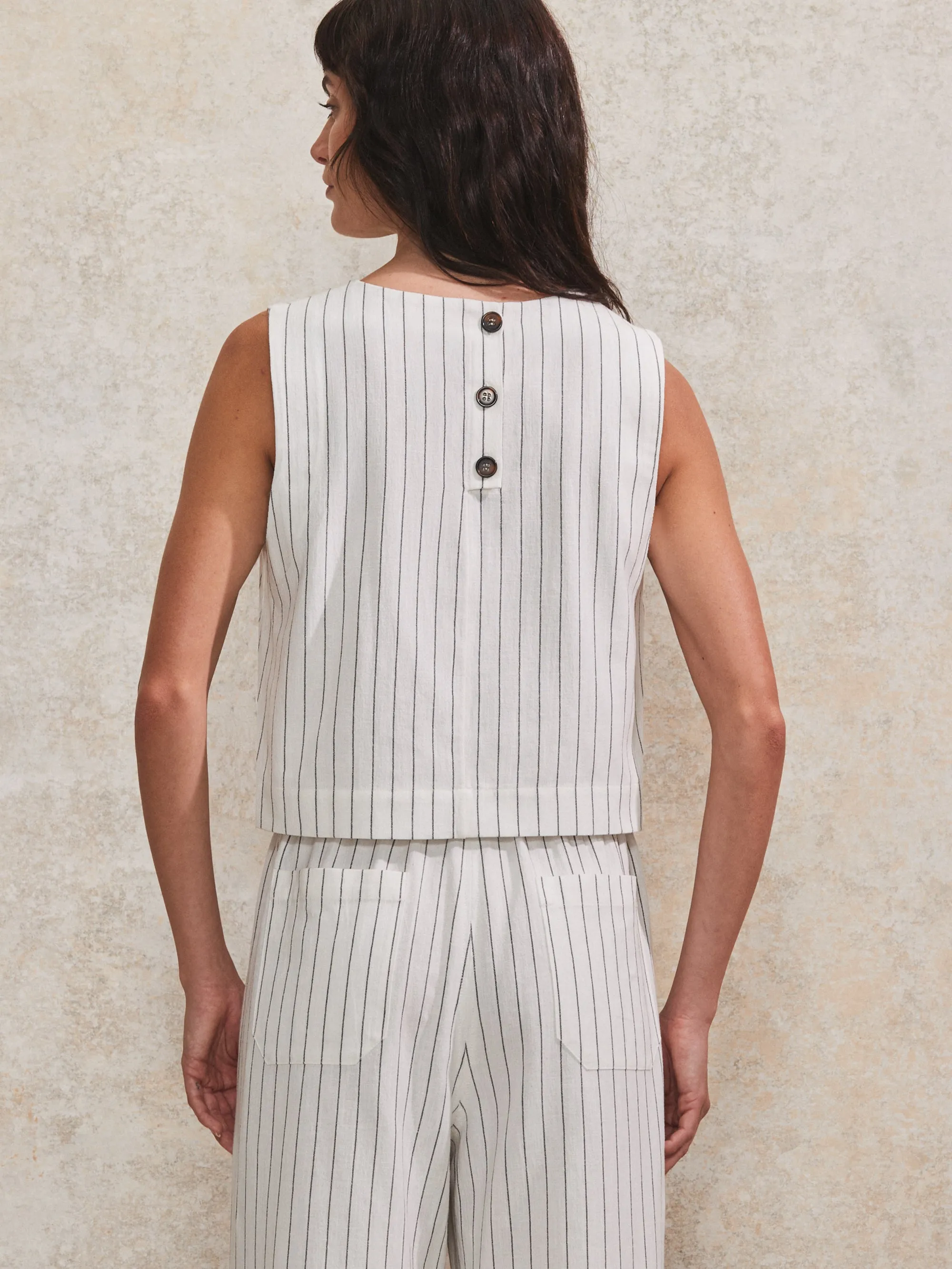 Ivory Pinstripe Linen-Blend Shell Top