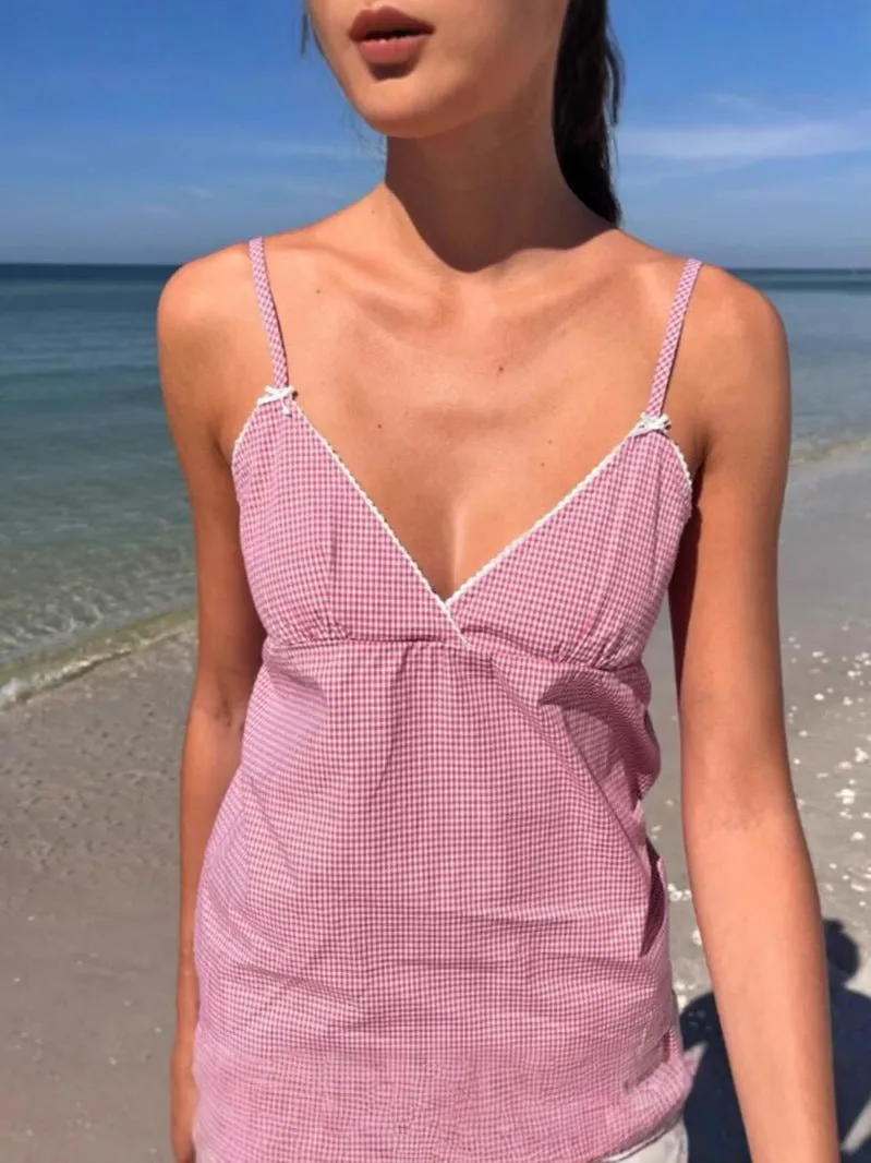 JazzHer Pink Plaid Back Lace-up Slim Tank Tops Women Y2K Causal V-neck Sexy Sleeveless Vests Sweet Preppy Style Streetwear Cropped Camis