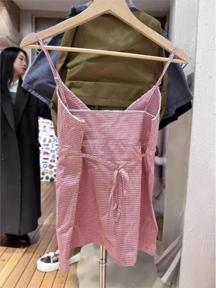 JazzHer Pink Plaid Back Lace-up Slim Tank Tops Women Y2K Causal V-neck Sexy Sleeveless Vests Sweet Preppy Style Streetwear Cropped Camis