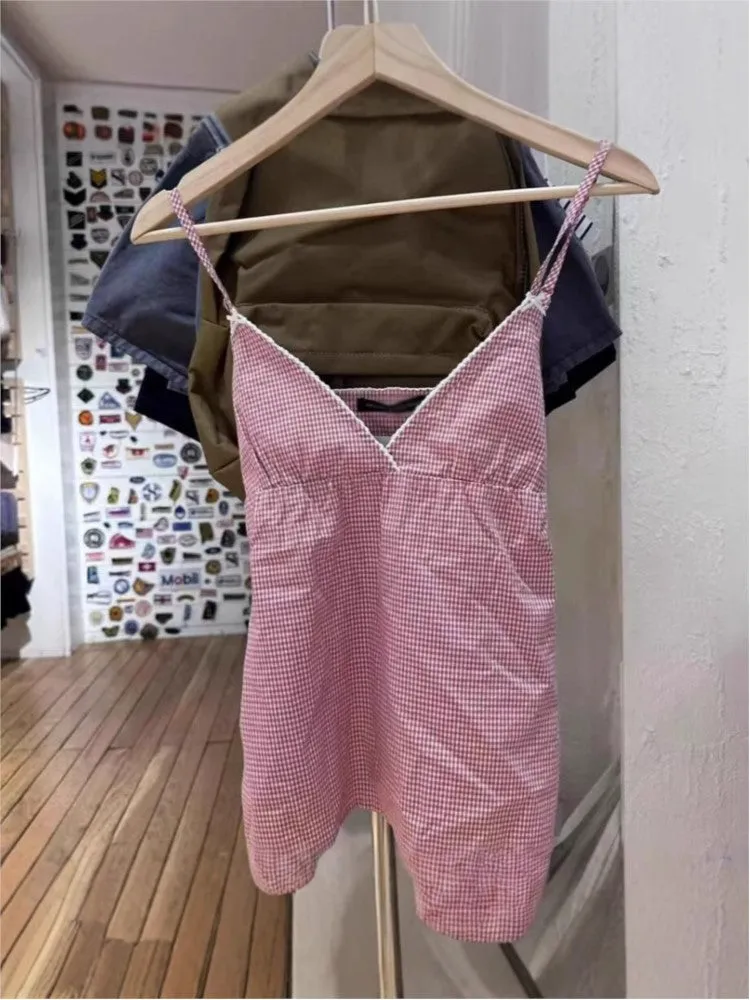 JazzHer Pink Plaid Back Lace-up Slim Tank Tops Women Y2K Causal V-neck Sexy Sleeveless Vests Sweet Preppy Style Streetwear Cropped Camis