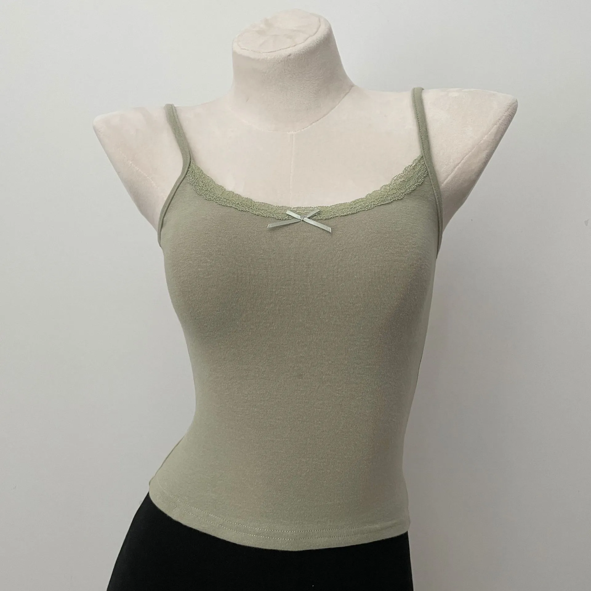 JazzHer Solid Soft Lace Trim Tank Tops Women New Summer Cute Chic Cotton Bow Slim Cropped Vests Sweet Vintage Preppy Style Camisole Y2K