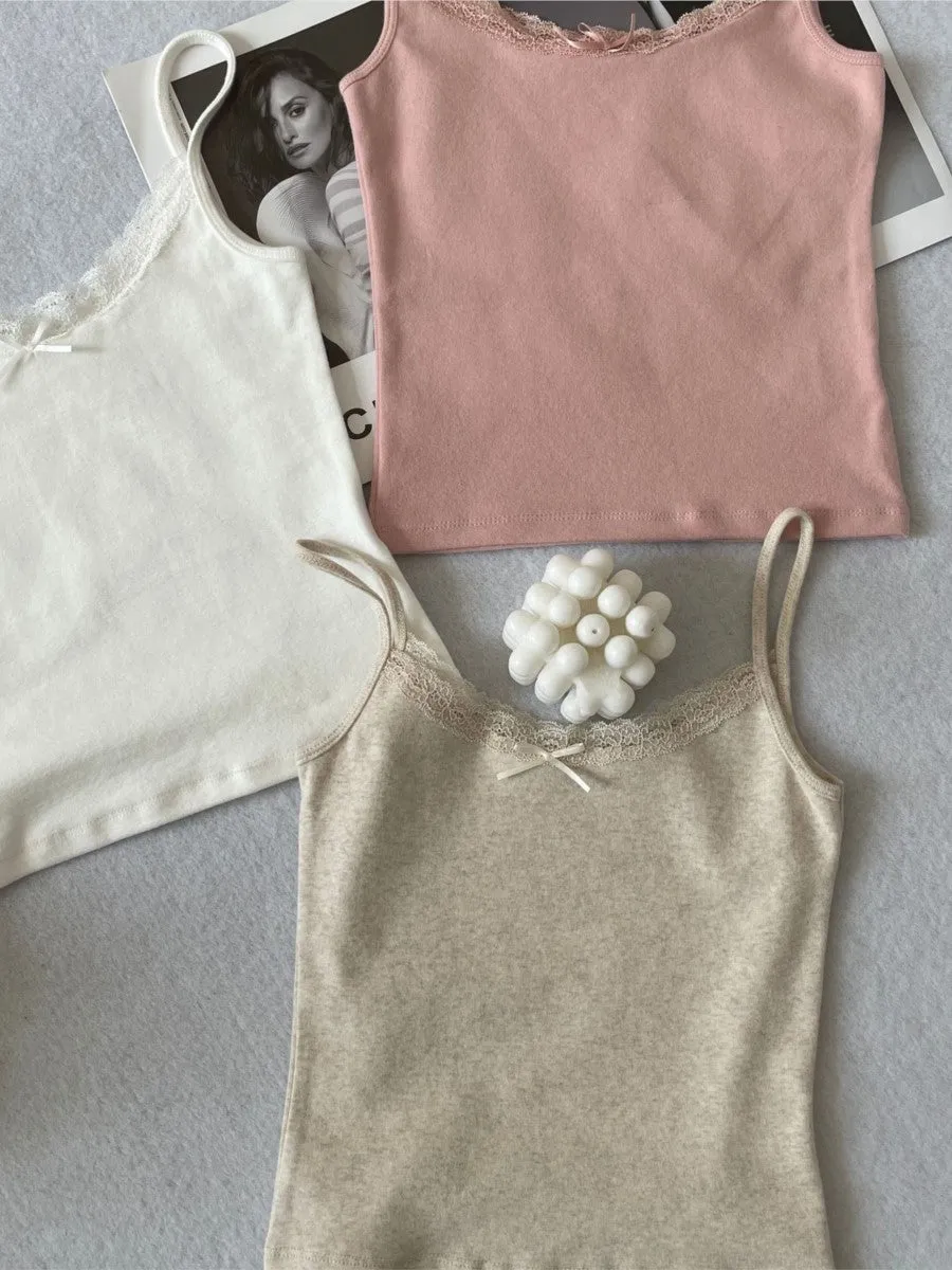 JazzHer Solid Soft Lace Trim Tank Tops Women New Summer Cute Chic Cotton Bow Slim Cropped Vests Sweet Vintage Preppy Style Camisole Y2K