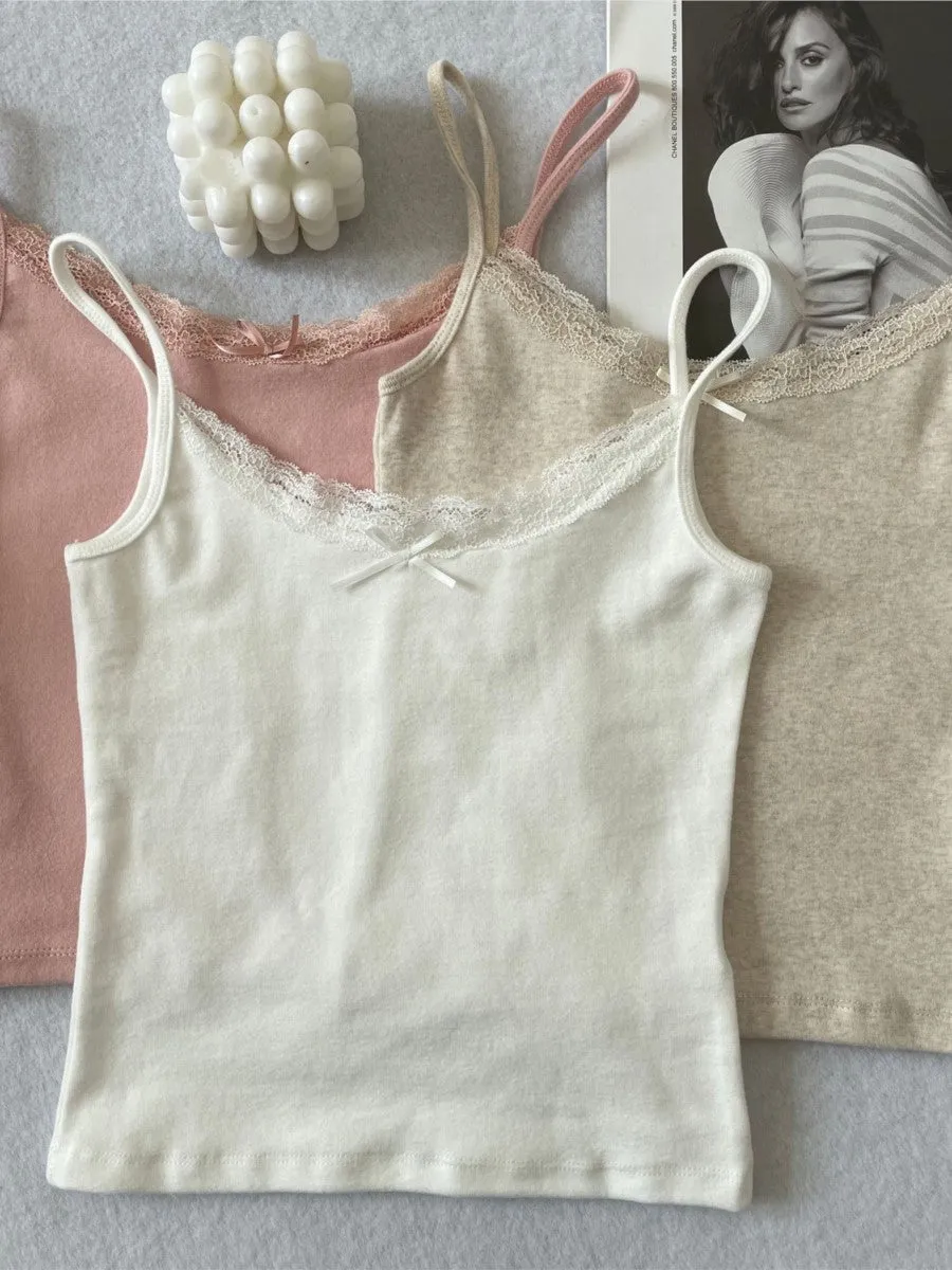 JazzHer Solid Soft Lace Trim Tank Tops Women New Summer Cute Chic Cotton Bow Slim Cropped Vests Sweet Vintage Preppy Style Camisole Y2K