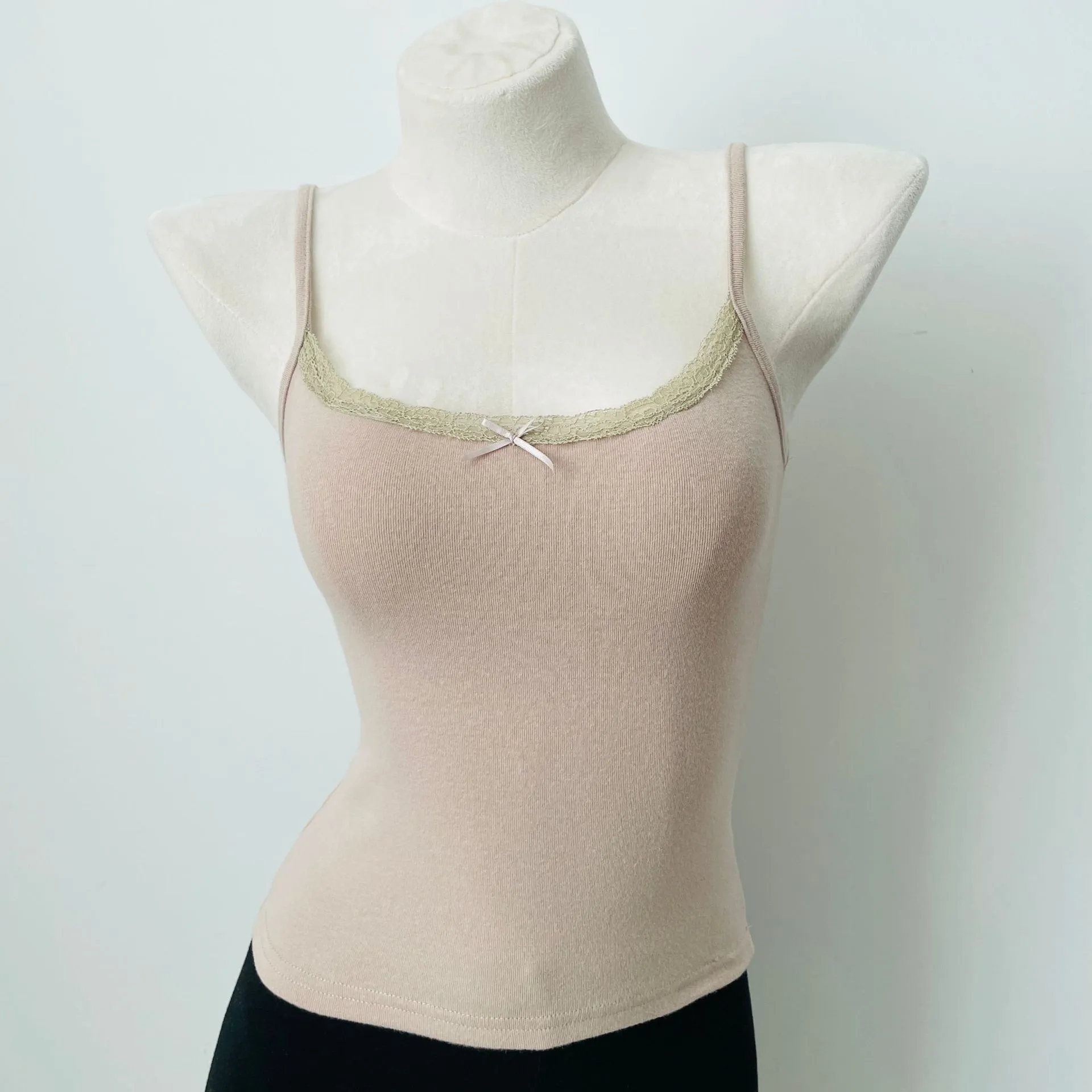 JazzHer Solid Soft Lace Trim Tank Tops Women New Summer Cute Chic Cotton Bow Slim Cropped Vests Sweet Vintage Preppy Style Camisole Y2K