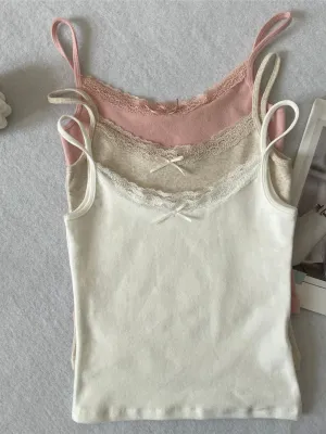 JazzHer Solid Soft Lace Trim Tank Tops Women New Summer Cute Chic Cotton Bow Slim Cropped Vests Sweet Vintage Preppy Style Camisole Y2K