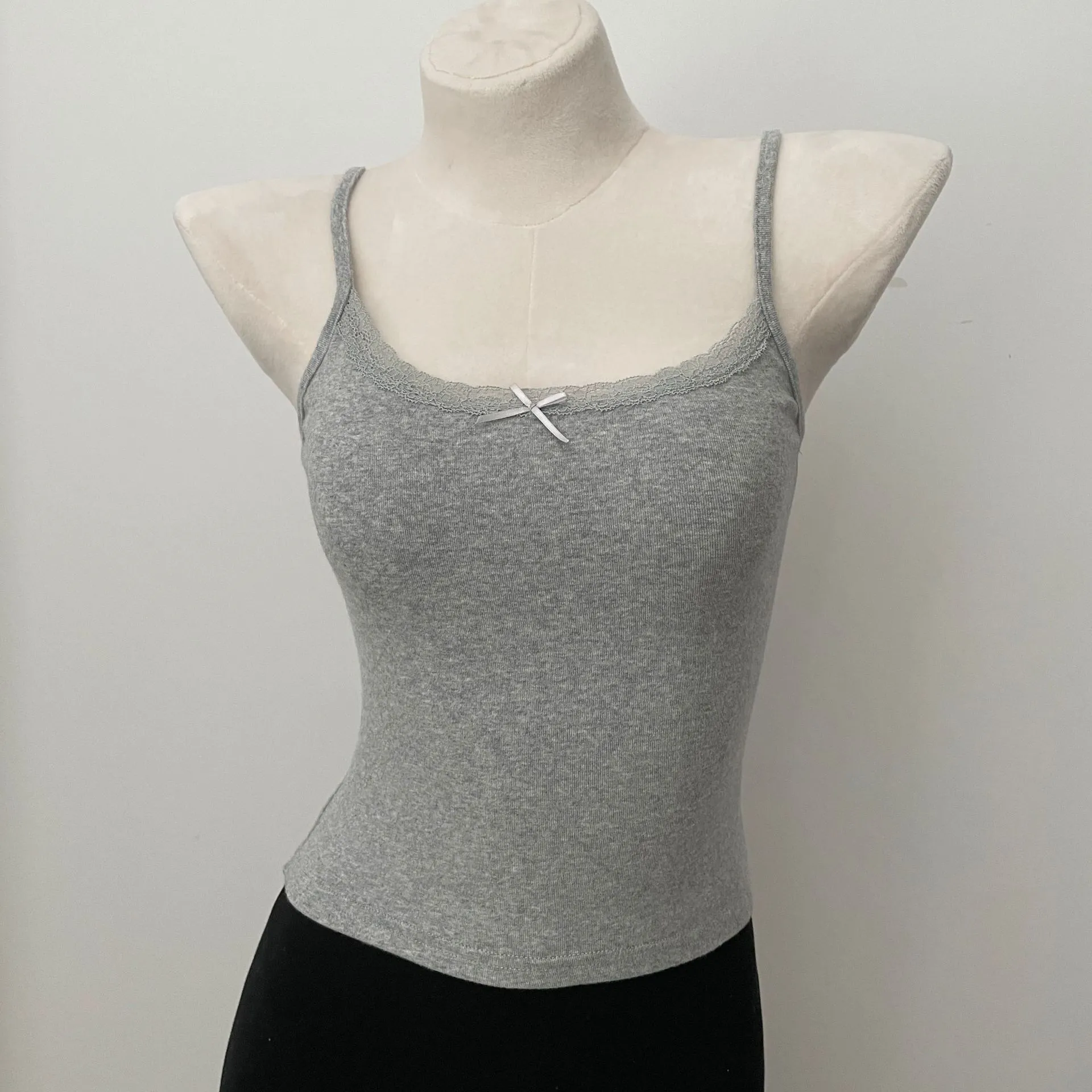 JazzHer Solid Soft Lace Trim Tank Tops Women New Summer Cute Chic Cotton Bow Slim Cropped Vests Sweet Vintage Preppy Style Camisole Y2K