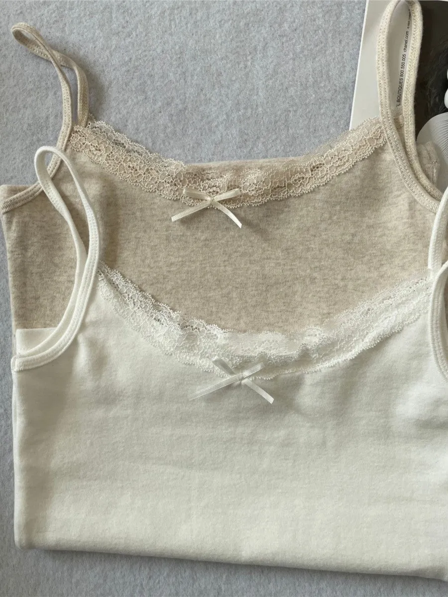 JazzHer Solid Soft Lace Trim Tank Tops Women New Summer Cute Chic Cotton Bow Slim Cropped Vests Sweet Vintage Preppy Style Camisole Y2K