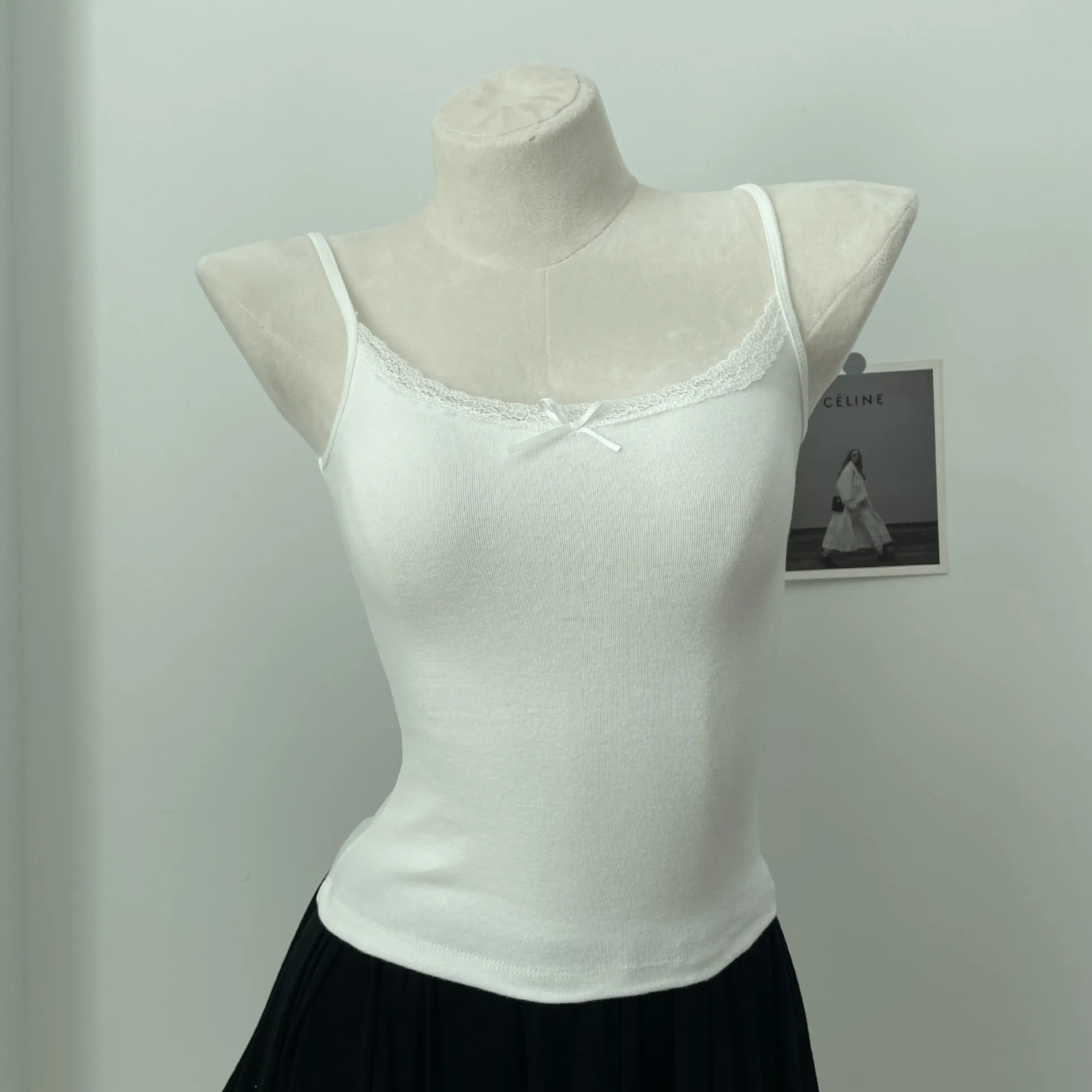 JazzHer Solid Soft Lace Trim Tank Tops Women New Summer Cute Chic Cotton Bow Slim Cropped Vests Sweet Vintage Preppy Style Camisole Y2K