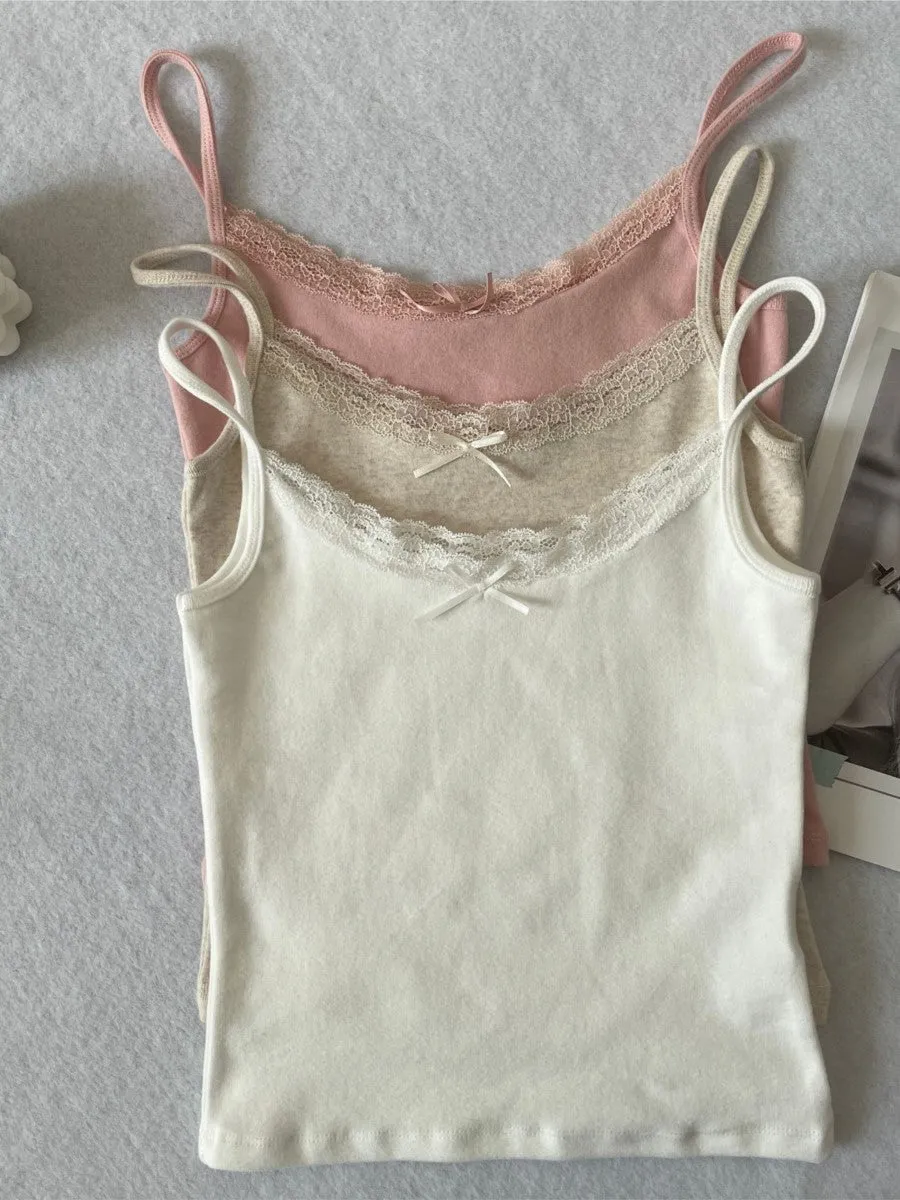 JazzHer Solid Soft Lace Trim Tank Tops Women New Summer Cute Chic Cotton Bow Slim Cropped Vests Sweet Vintage Preppy Style Camisole Y2K