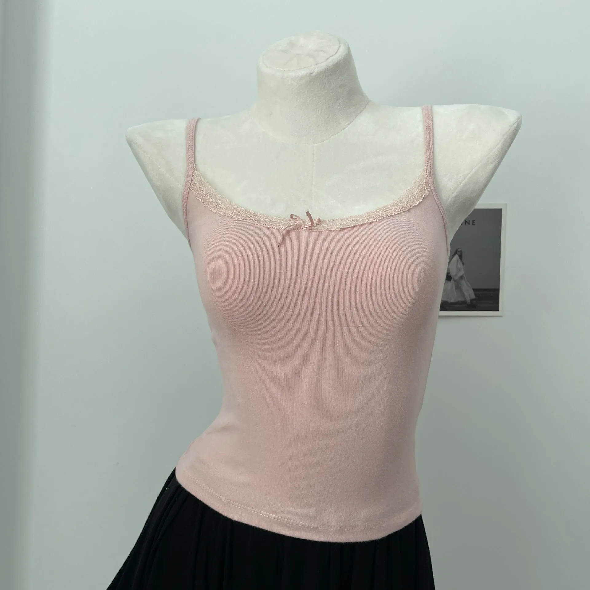 JazzHer Solid Soft Lace Trim Tank Tops Women New Summer Cute Chic Cotton Bow Slim Cropped Vests Sweet Vintage Preppy Style Camisole Y2K