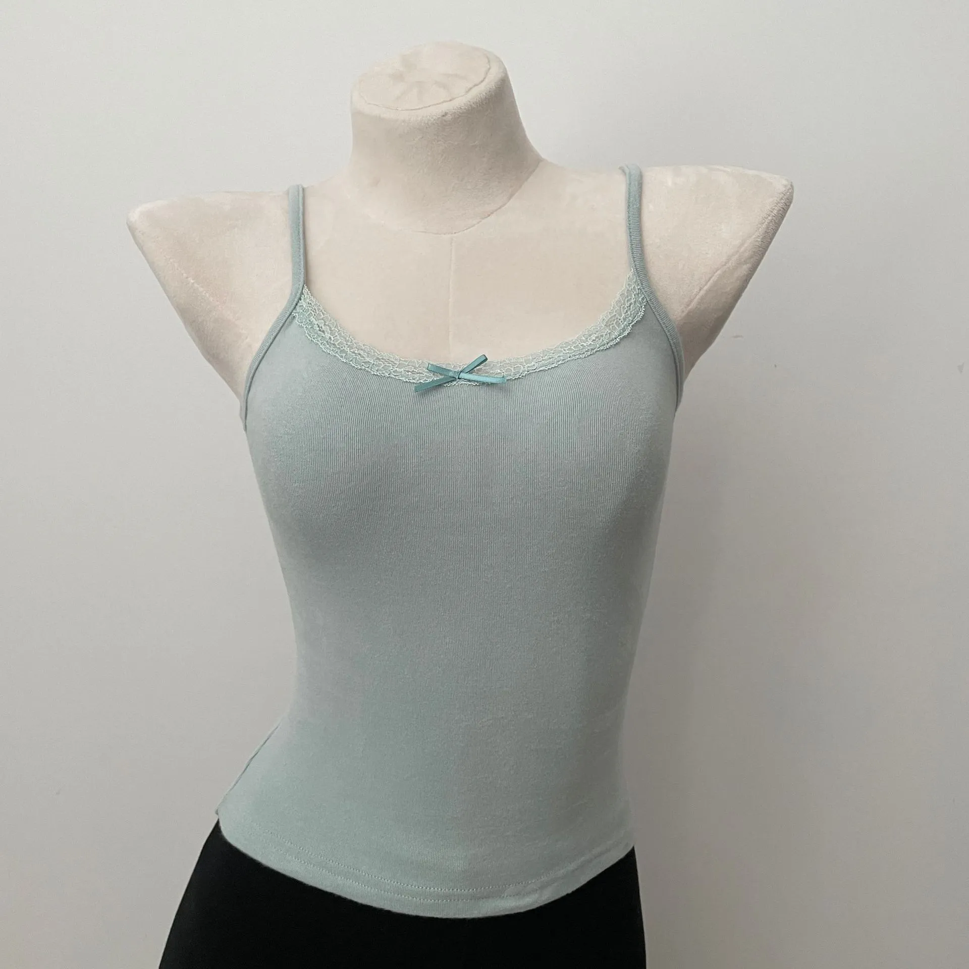 JazzHer Solid Soft Lace Trim Tank Tops Women New Summer Cute Chic Cotton Bow Slim Cropped Vests Sweet Vintage Preppy Style Camisole Y2K