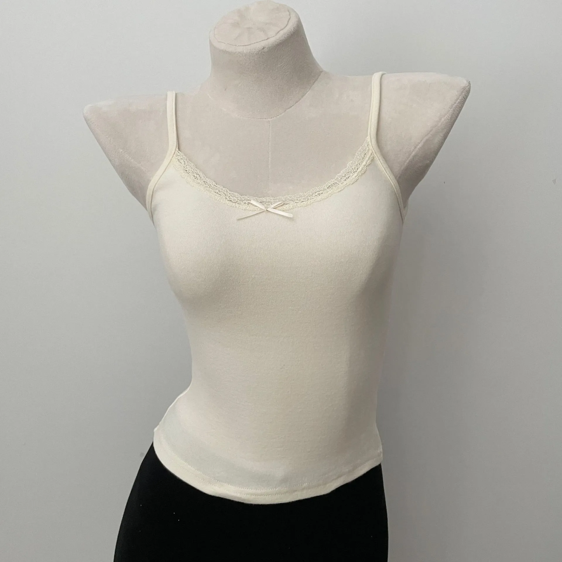 JazzHer Solid Soft Lace Trim Tank Tops Women New Summer Cute Chic Cotton Bow Slim Cropped Vests Sweet Vintage Preppy Style Camisole Y2K
