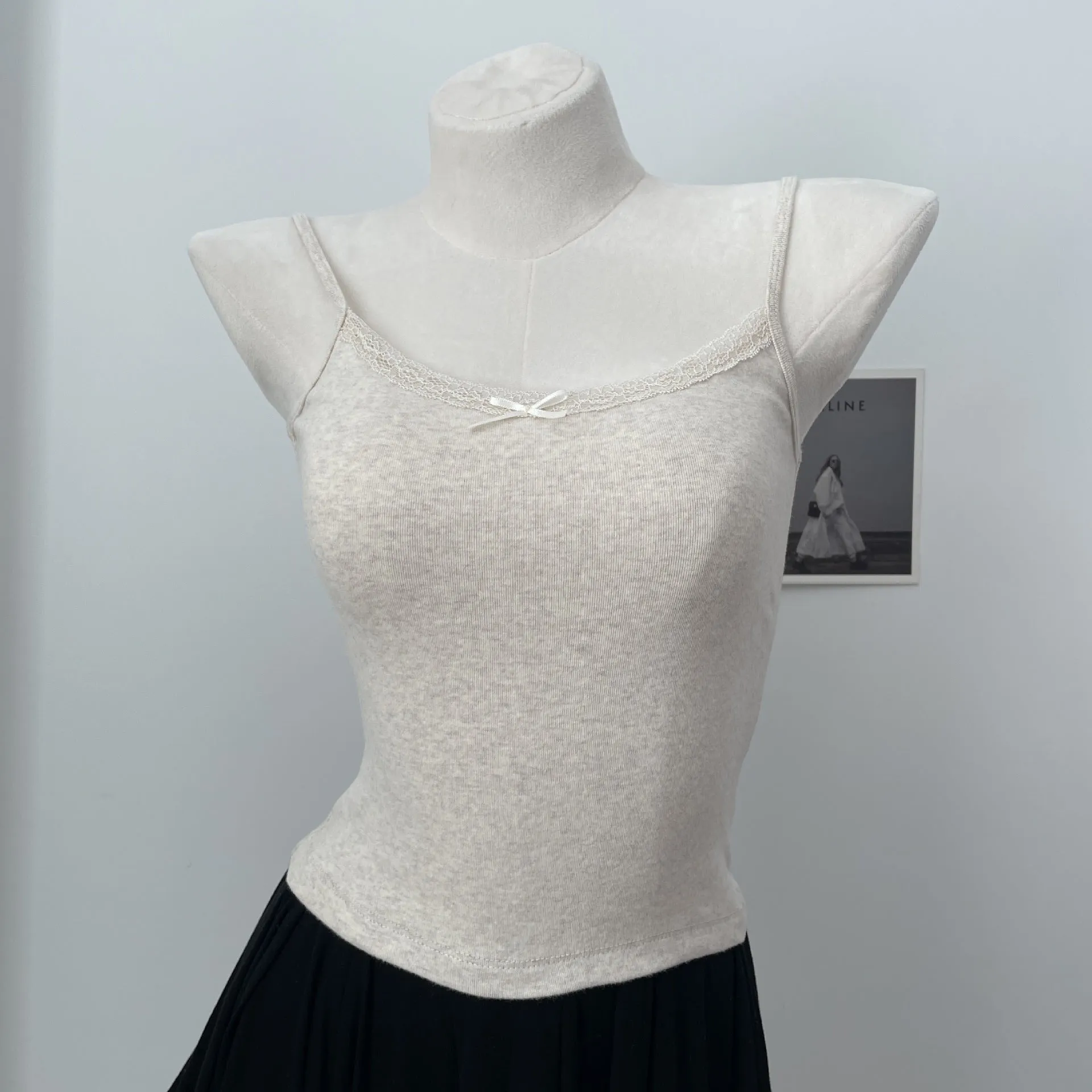 JazzHer Solid Soft Lace Trim Tank Tops Women New Summer Cute Chic Cotton Bow Slim Cropped Vests Sweet Vintage Preppy Style Camisole Y2K