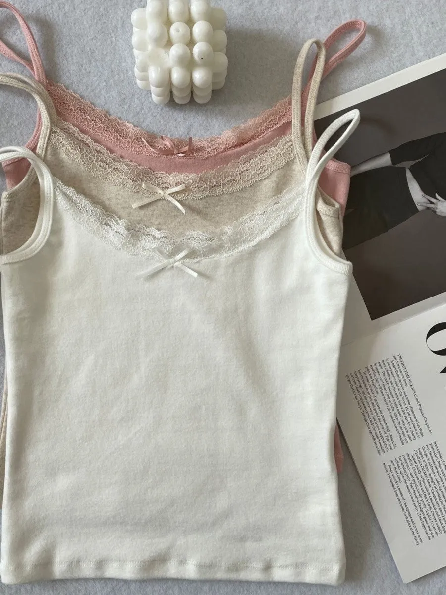 JazzHer Solid Soft Lace Trim Tank Tops Women New Summer Cute Chic Cotton Bow Slim Cropped Vests Sweet Vintage Preppy Style Camisole Y2K