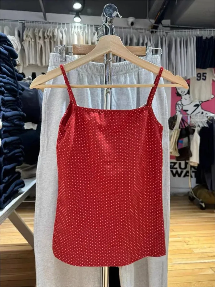 JazzHer Sweet Red Polka Dot Two Button Cotton Tank Top Women New Casual Slim Sexy Lace Trim Cropped Vests Vintage Simple Chic Camis Y2K