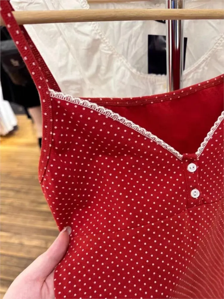 JazzHer Sweet Red Polka Dot Two Button Cotton Tank Top Women New Casual Slim Sexy Lace Trim Cropped Vests Vintage Simple Chic Camis Y2K