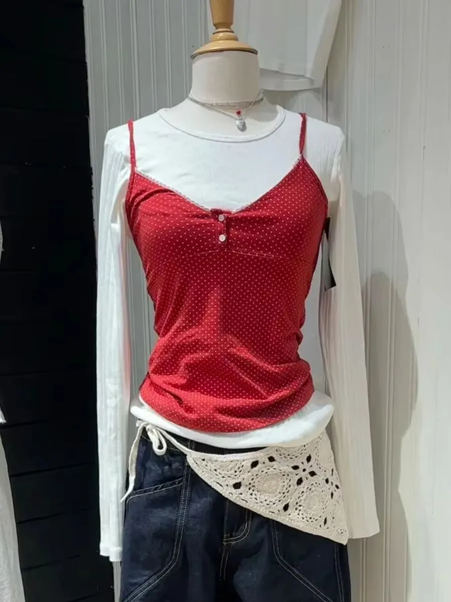JazzHer Sweet Red Polka Dot Two Button Cotton Tank Top Women New Casual Slim Sexy Lace Trim Cropped Vests Vintage Simple Chic Camis Y2K