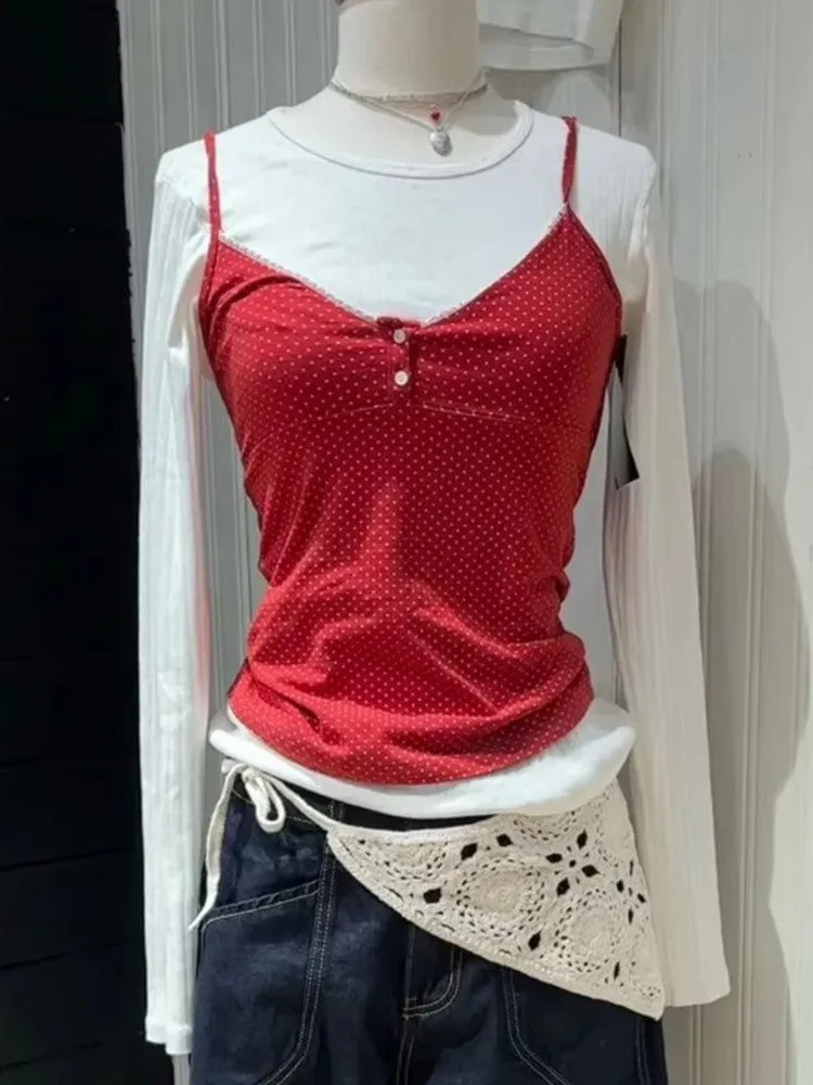 JazzHer Sweet Red Polka Dot Two Button Cotton Tank Top Women New Casual Slim Sexy Lace Trim Cropped Vests Vintage Simple Chic Camis Y2K