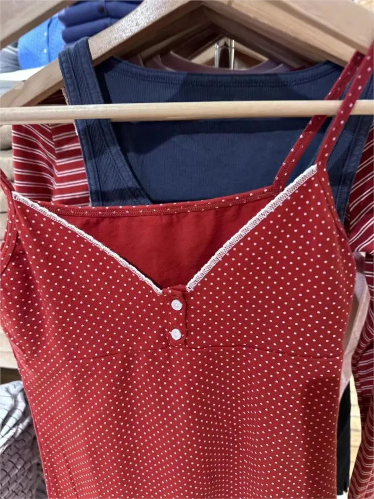 JazzHer Sweet Red Polka Dot Two Button Cotton Tank Top Women New Casual Slim Sexy Lace Trim Cropped Vests Vintage Simple Chic Camis Y2K