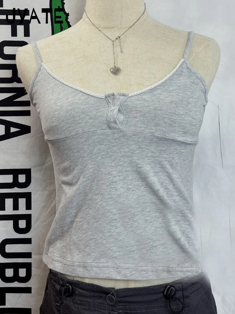 JazzHer Sweet Red Polka Dot Two Button Cotton Tank Top Women New Casual Slim Sexy Lace Trim Cropped Vests Vintage Simple Chic Camis Y2K