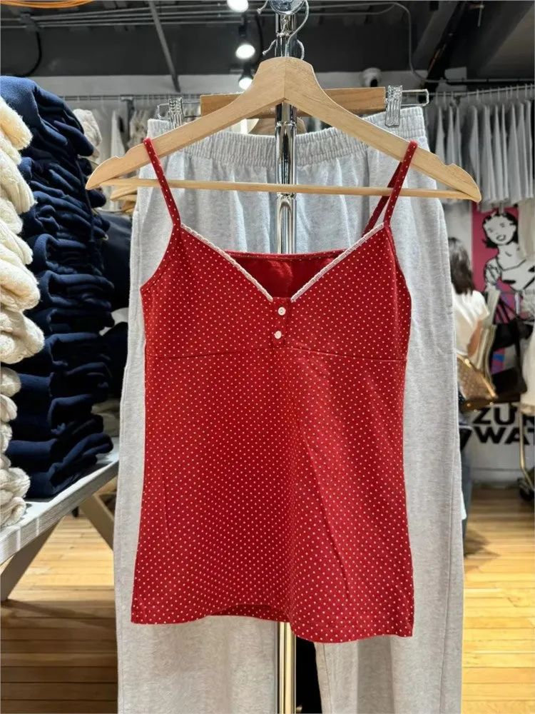 JazzHer Sweet Red Polka Dot Two Button Cotton Tank Top Women New Casual Slim Sexy Lace Trim Cropped Vests Vintage Simple Chic Camis Y2K