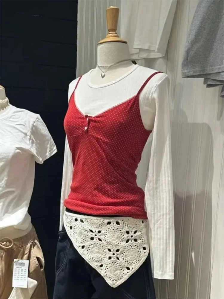 JazzHer Sweet Red Polka Dot Two Button Cotton Tank Top Women New Casual Slim Sexy Lace Trim Cropped Vests Vintage Simple Chic Camis Y2K