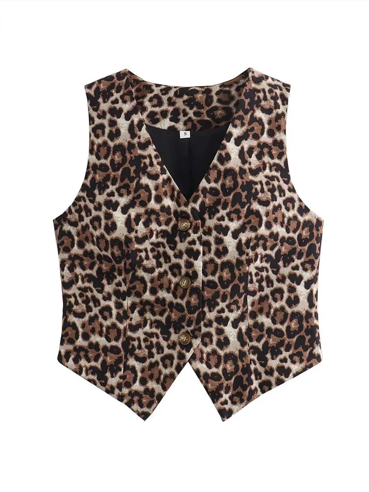 JazzHer Women's Vest Fashion Leopard Summer V-Neck Single-breasted Vest Top Ladies Casual Cropped Sleeveless Coat New In Vests Female